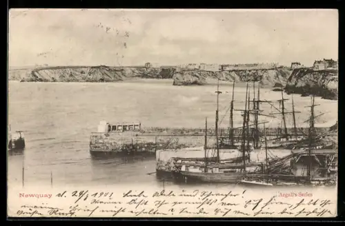 AK Newquay, Hafen mit Segelschiffen