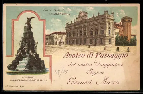 AK Torino, Piazza Castello e Palazzo Madama con monumento del Frejus