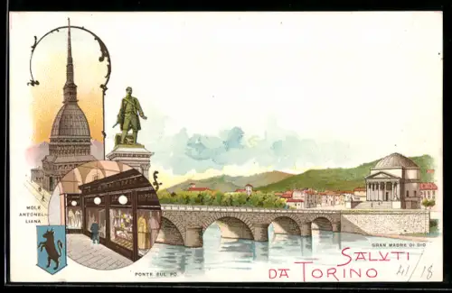 Lithographie Torino, Mole Antonelliana e Ponte sul Po con Gran Madre di Dio