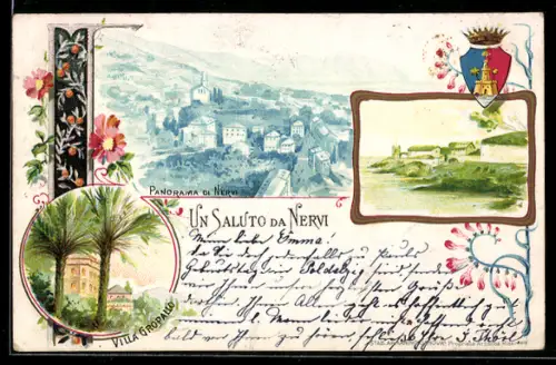 AK Nervi, Panorama e Villa Gropallo con decorazioni floreali