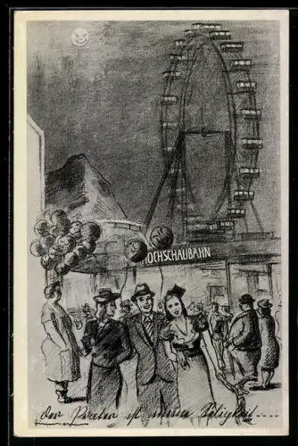 AK Wien, Partie am Wiener Prater mit Riesenrad und gut gelaunten Menschen