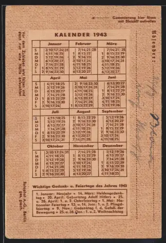 Kalender 1943, Gedenk- und Feiertage, Geburtstag von 