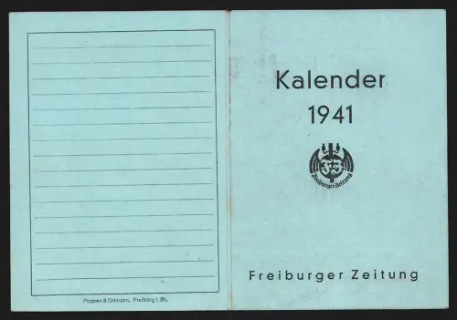 Kalender 1941, Freiburg, Freiburger Zeitung, Ostern und Pfingsten gesondert vermerkt