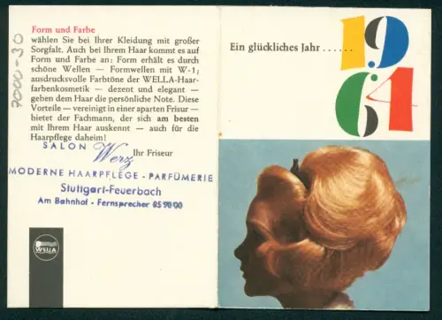 Kalender 1964, Stuttgart-Feuerbach, Haar-Salon Werz, Frau mit aufwändiger Frisur im Profil