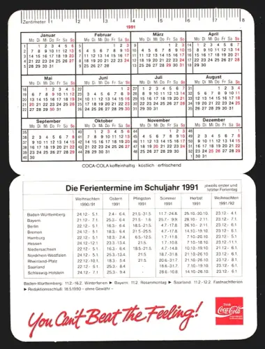 Kalender 1991, Ferientermine und Coca Cola-Reklame