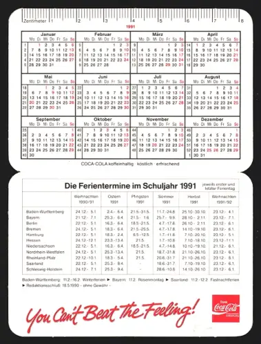 Kalender 1991, Ferienterminen und Reklame für Coca Cola