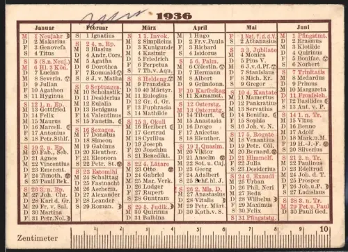 Kalender 1936, Lineal und Mondphasen