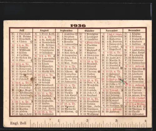 Kalender 1936, Lineal und Mondphasen