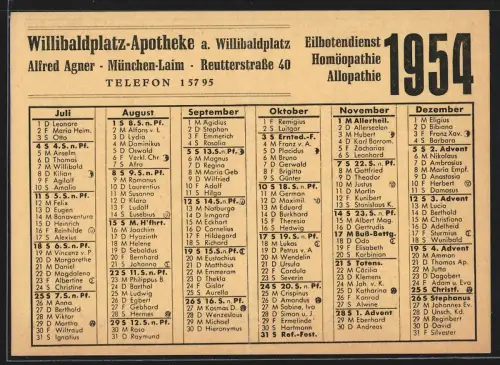 Kalender 1954, Mondphasen und Reklame für Willibaldplatz-Apotheke in München