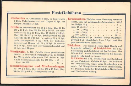 Kalender 1937, Auflistung von Post-Gebühren