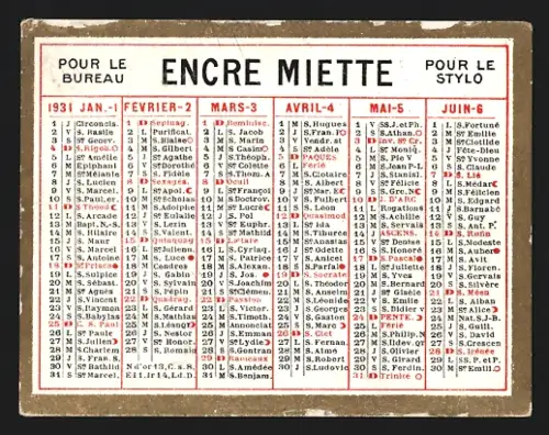 Kalender 1931, Reklame für Bürobedarf von Encre Miette