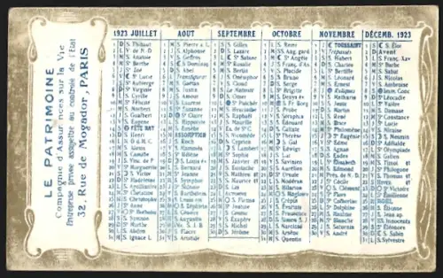 Kalender 1923, Paris, Reklame für Versicherungsgesellschaft Le Patromoine