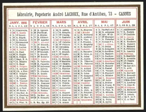 Kalender 1916, Cannes, Reklame für Papterie André Lacroix