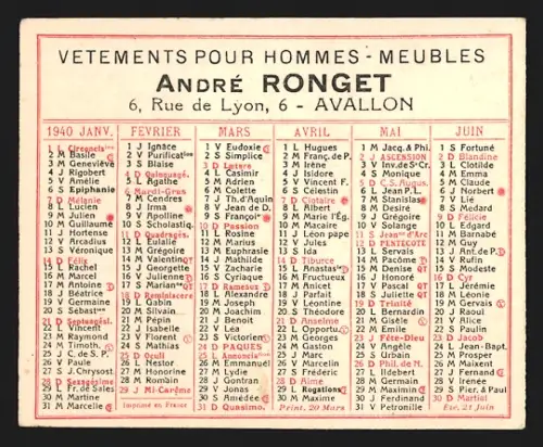 Kalender 1940, Avallon, Reklame für Bekleidungsgeschäft von André Ronget