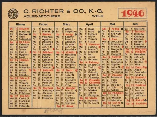 Kalender 1946, Wels, Reklame für Adler-Apotheke von C. Richter & Co.
