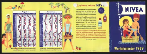 Kalender 1959, Nivea-Reklame und Wetterkalender, Creme, Ultra-Öl und Spray
