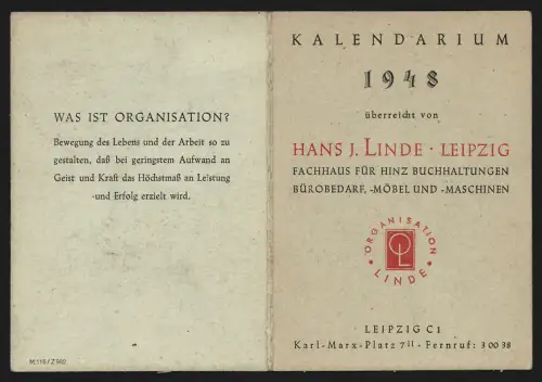Kalender 1948, Leipzig, Hans J. Linde, Fachhaus für Hinz Buchhaltungen, Bürobedard und Maschinen