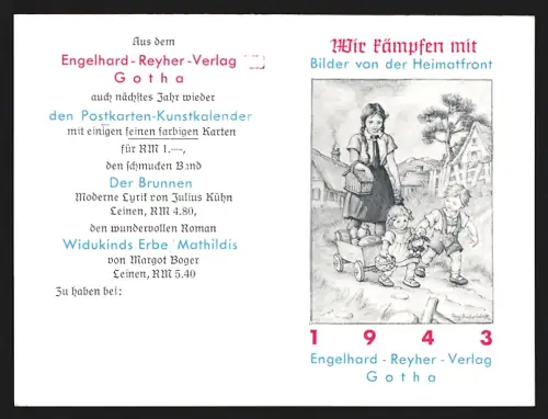 Kalender 1943, Gotha, Engelhard-Reyher-Verlag, Kinder mit Bollerwagen, Bilder von der Heimatfront