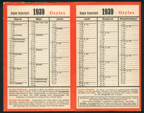 Kalender 1939, Halle a. Saale, Oxylax-Laboratorium, Brieftaschen-Kalender