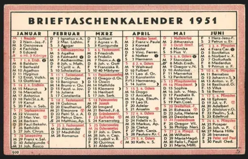 Kalender 1951, Heiligenkalender