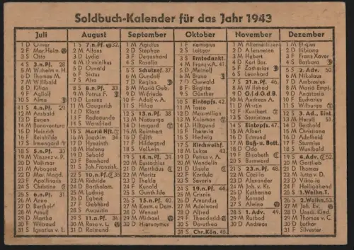Kalender 1943, Soldbuch-Kalender mit Heiligen und Feiertagen