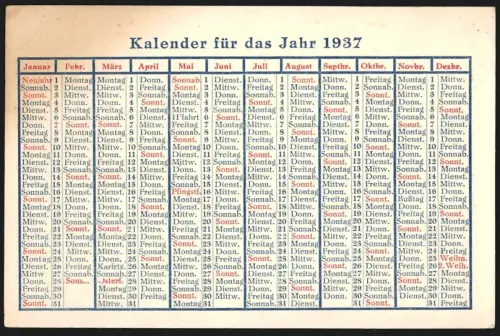 Kalender 1937, Wochenkalender