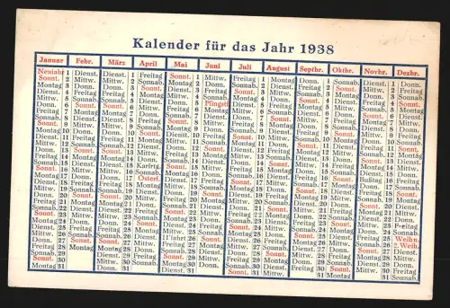 Kalender 1937, Wochenkalender