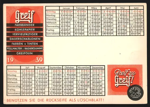 Kalender 1939, Reklame für Greif-Farbbänder, Kohlepapier, Farben und Tinten, Rückseite aus Löschpapier
