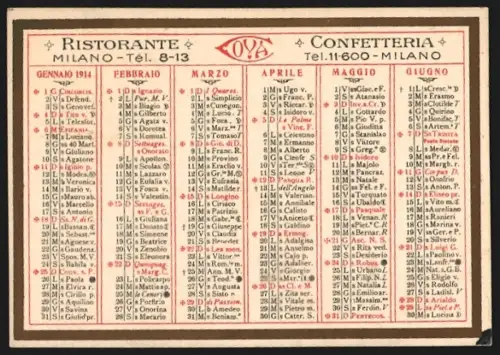 Kalender 1914, Milano, Ristorante Cova, Via Manzoni