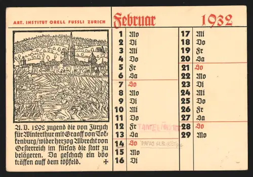 Kalender 1932, Zürich, Art. Institut Orell Füssli, Stadtansicht und Uetliburg
