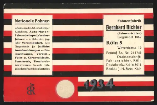 Kalender 1934, Köln, Fahnenfabrik Bernhard Richter, Weyerstrasse 19