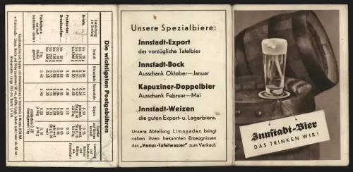 Kalender 1941, Innstadt, Reklame für Innstadt-Bier, Holzfass und Bierglas