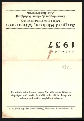 Kalender 1937, München, Kunststopperei August Steiner, Müllerstrasse 23