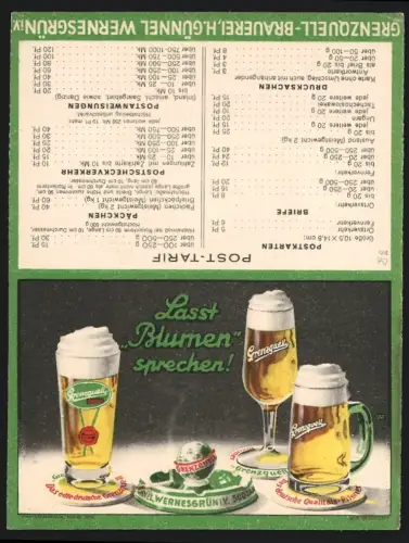 Kalender 1938, Wernesgrün i. V., R. Günnel, Reklame für Grenzquell Pilsner, Biergläser und Aschenbecher