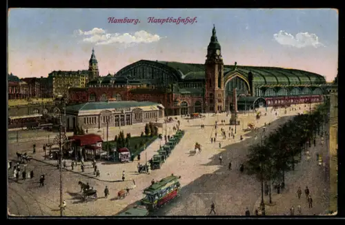 AK Hamburg, Hauptbahnhof mit Kutschen, Droschken und Strassenbahn