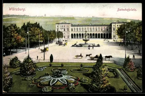 AK Würzburg, Bahnhofplatz mit Strassenbahn