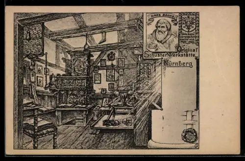 Künstler-AK Nürnberg, Hans Sachs-Haus, Schuster-Werkstätte