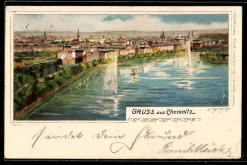 Lithographie Chemnitz, Teilansicht aus der Vogelschau