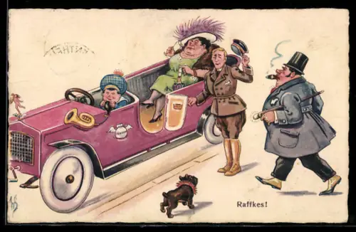 Künstler-AK Willi Scheuermann: Raffkes, Dicker Herr steigt zu seiner Familie ins Auto ein