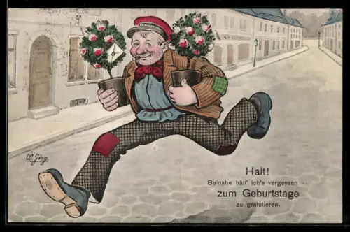 AK Page läuft die Strasse mit Blumentöpfen herunter