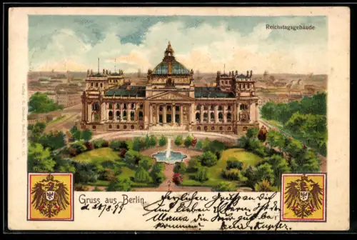 Lithographie Berlin-Tiergarten, Reichstagsgebäude, Wappen