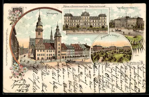 Lithographie Chemnitz, Marktplatz, Gymnasium, Schlacht u. Viehhof, Zimmermann`sche Naturheilanstalt
