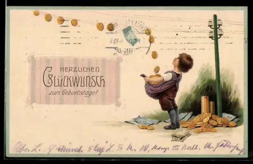 AK Kind sammelt Münzen von einer Telephonleitung in die Schürze, Geldscheine, Geburtstagsgruss