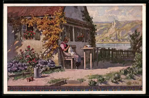 Künstler-AK Paul Hey: Mädchen bei der Handarbeit vor dem Haus, Verein für das Deutschtum im Ausland