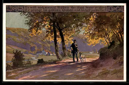 Künstler-AK Paul Hey: Paul Hey, Jäger mit Hund im Herbst nahe einem Weiler