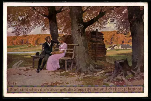 Künstler-AK P. Hey: ein Liebespaar hält sich die Hände auf einer Bank