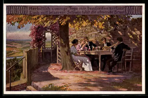 Künstler-AK P. Hey: kleine Gesellschaft sitzt auf Terrasse & trinkt Wein, Musiker spielt auf der Laute
