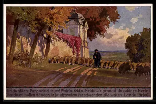 Künstler-AK Paul Hey: Schäfer hütet im Herbst die Schafe
