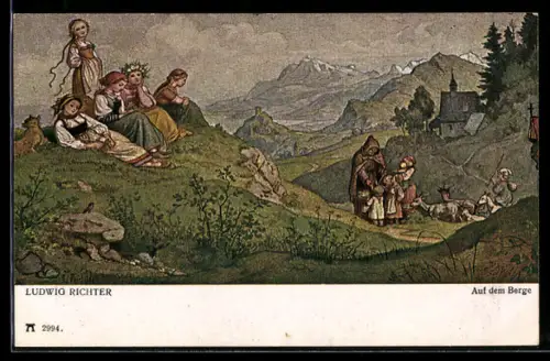 Künstler-AK Ludwig Richter: Auf dem Berge, Wanderer begegnet den Kindern