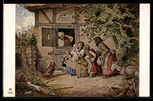 Künstler-AK Ludwig Richter: Mein Nest ist das best`, Familie vor ihrem Haus